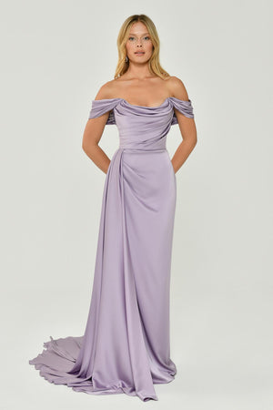 Dropped Shoulder Side Slit Satin Long Dress