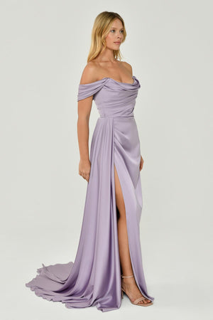 Dropped Shoulder Side Slit Satin Long Dress