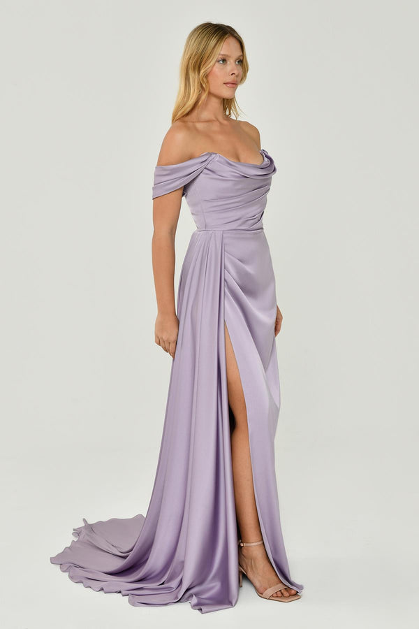 Dropped Shoulder Side Slit Satin Long Dress