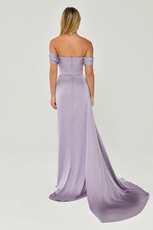 Dropped Shoulder Side Slit Satin Long Dress
