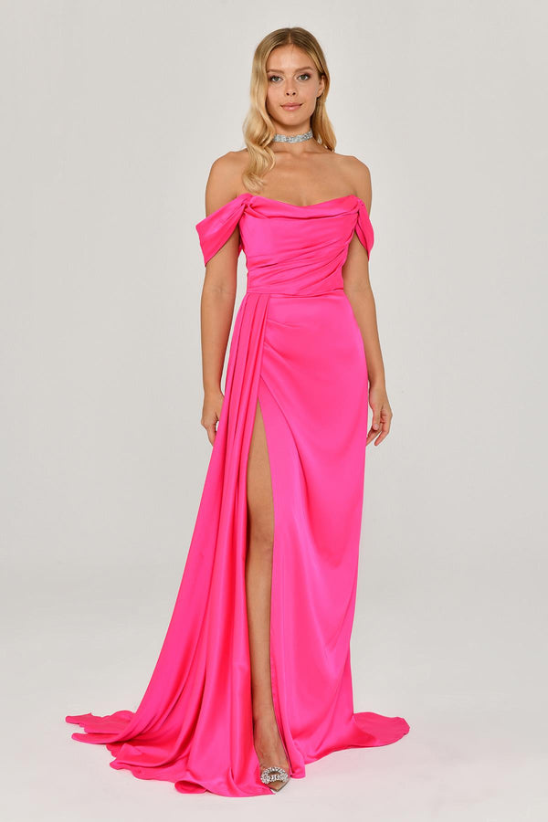 Dropped Shoulder Side Slit Satin Long Dress