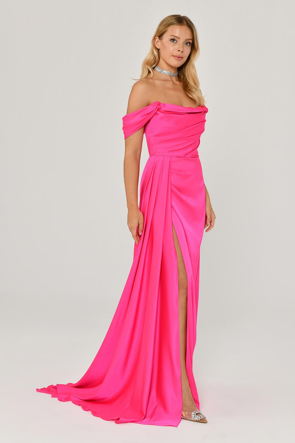 Dropped Shoulder Side Slit Satin Long Dress