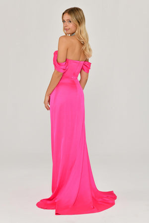 Dropped Shoulder Side Slit Satin Long Dress