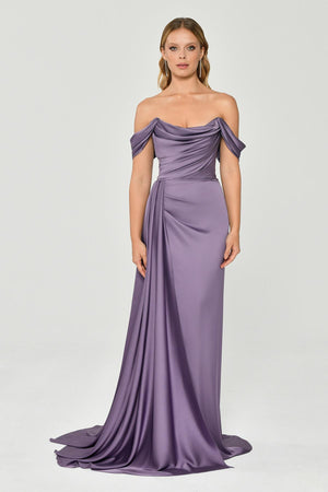 Dropped Shoulder Side Slit Satin Long Dress