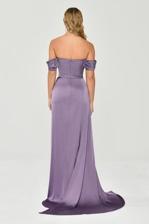 Dropped Shoulder Side Slit Satin Long Dress