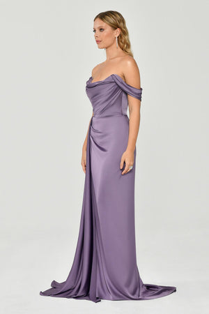 Dropped Shoulder Side Slit Satin Long Dress