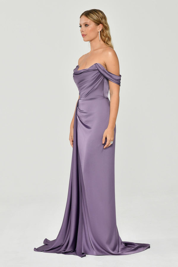 Dropped Shoulder Side Slit Satin Long Dress