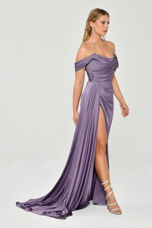 Dropped Shoulder Side Slit Satin Long Dress