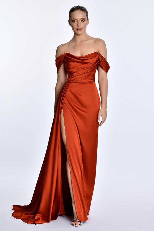 Dropped Shoulder Side Slit Satin Long Dress