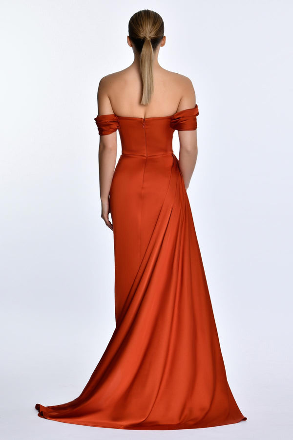 Dropped Shoulder Side Slit Satin Long Dress