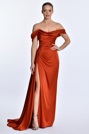 Dropped Shoulder Side Slit Satin Long Dress