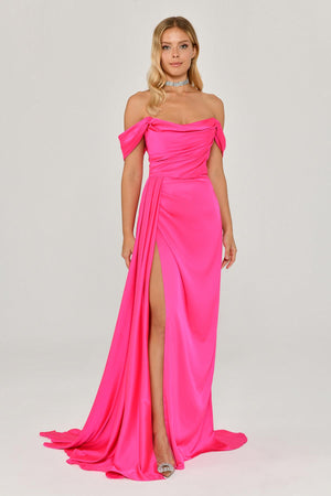 Dropped Shoulder Side Slit Satin Long Dress
