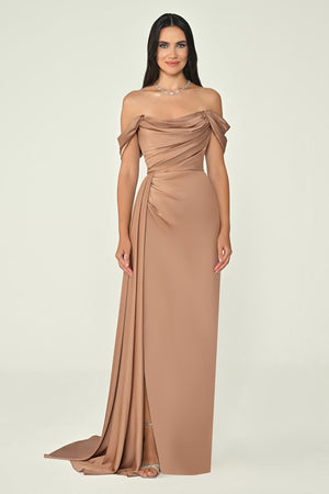 Dropped Shoulder Side Slit Satin Long Dress