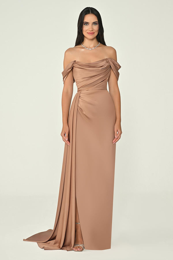 Dropped Shoulder Side Slit Satin Long Dress