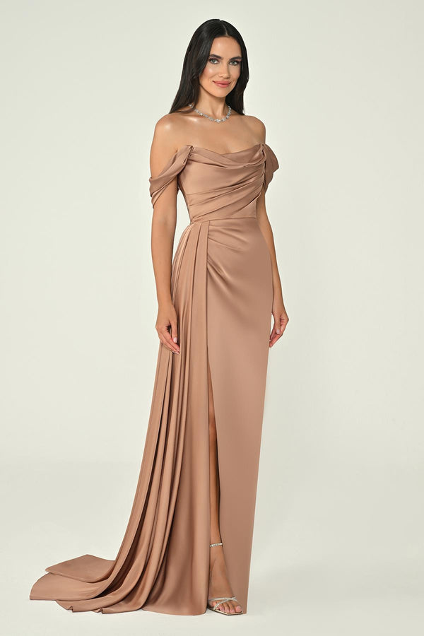 Dropped Shoulder Side Slit Satin Long Dress