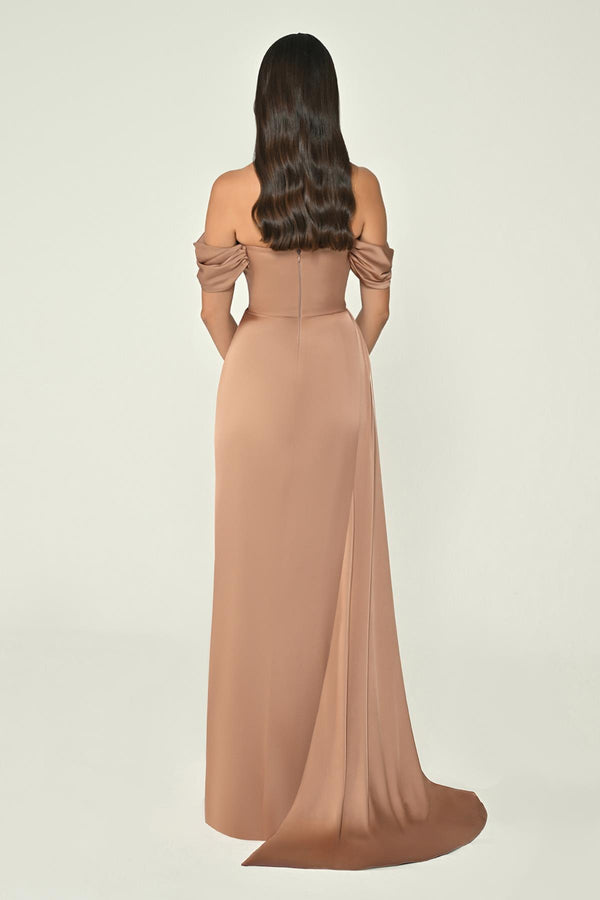 Dropped Shoulder Side Slit Satin Long Dress