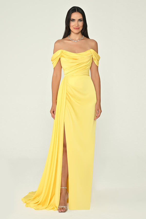 Dropped Shoulder Side Slit Satin Long Dress