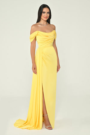Dropped Shoulder Side Slit Satin Long Dress