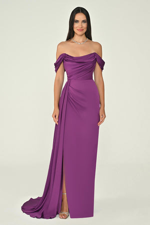 Dropped Shoulder Side Slit Satin Long Dress