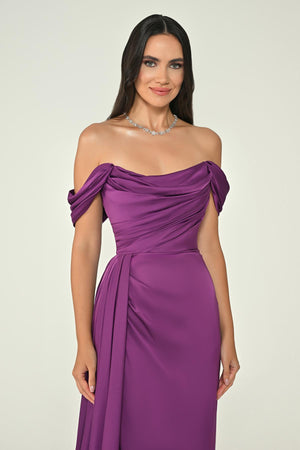 Dropped Shoulder Side Slit Satin Long Dress