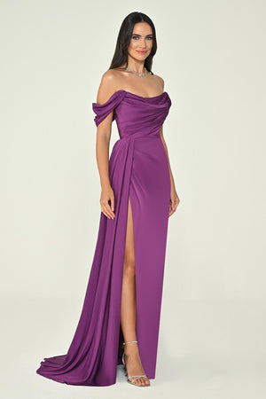 Dropped Shoulder Side Slit Satin Long Dress