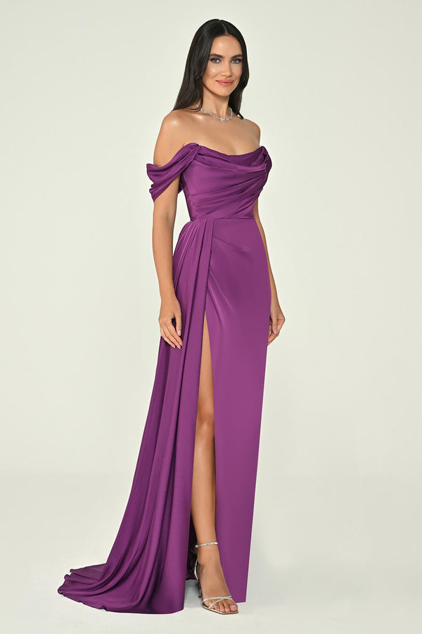 Dropped Shoulder Side Slit Satin Long Dress