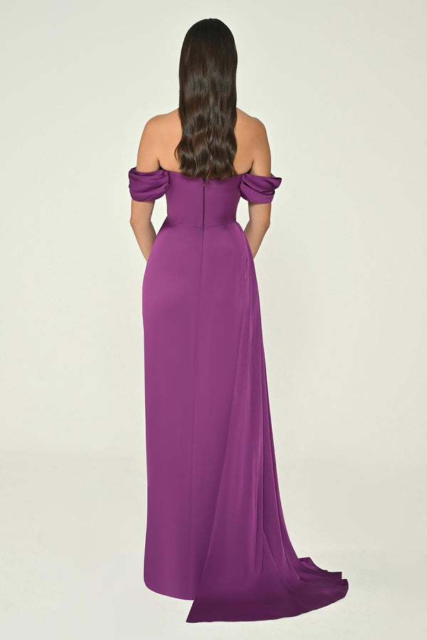 Dropped Shoulder Side Slit Satin Long Dress