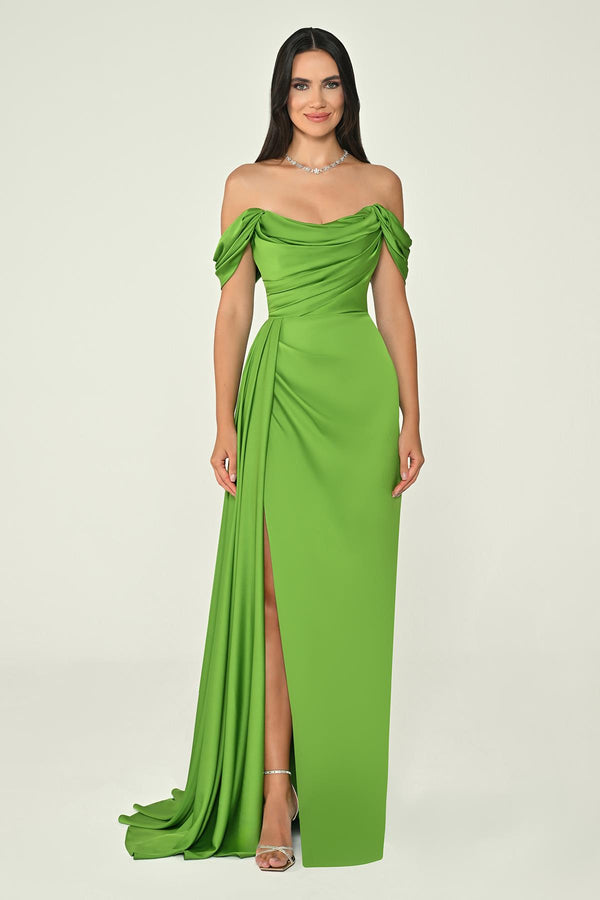 Dropped Shoulder Side Slit Satin Long Dress
