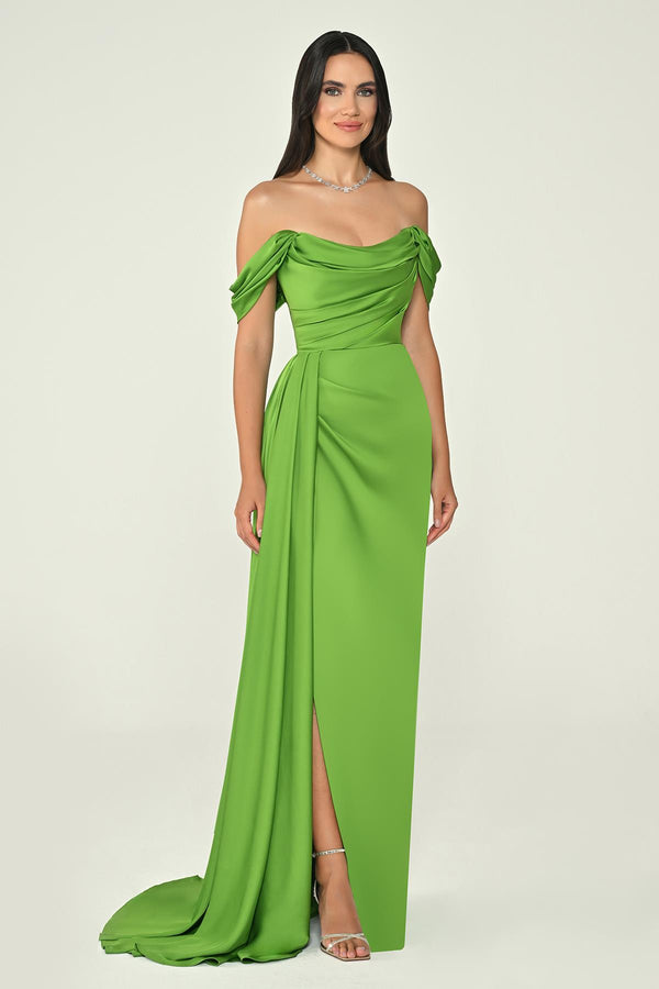 Dropped Shoulder Side Slit Satin Long Dress