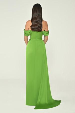 Dropped Shoulder Side Slit Satin Long Dress
