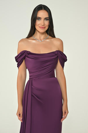 Dropped Shoulder Side Slit Satin Long Dress