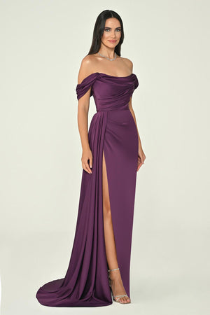 Dropped Shoulder Side Slit Satin Long Dress