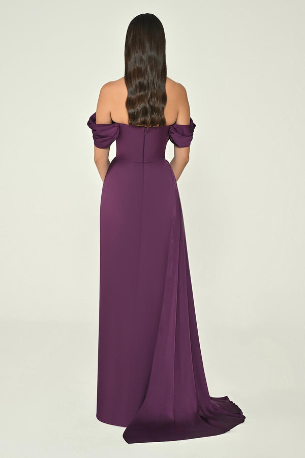 Dropped Shoulder Side Slit Satin Long Dress