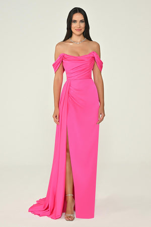 Dropped Shoulder Side Slit Satin Long Dress