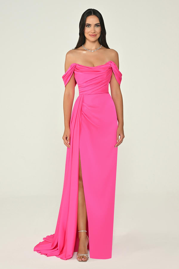 Dropped Shoulder Side Slit Satin Long Dress