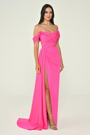 Dropped Shoulder Side Slit Satin Long Dress
