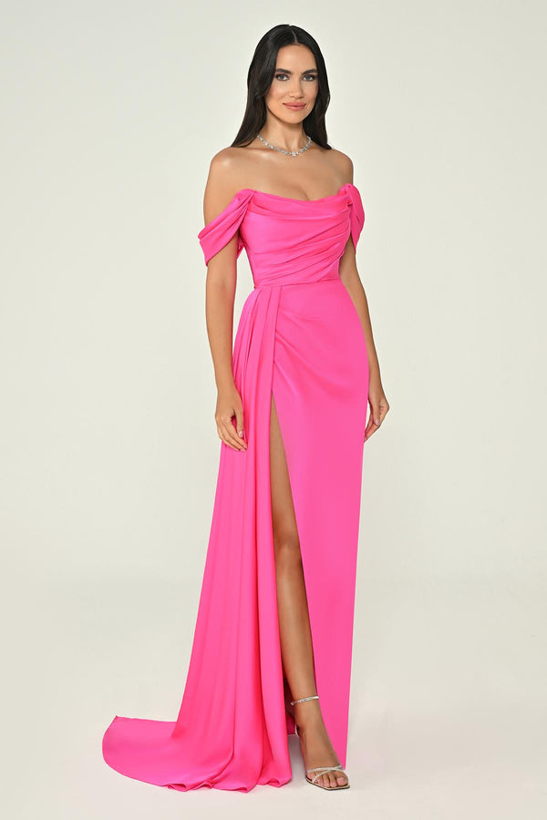 Dropped Shoulder Side Slit Satin Long Dress