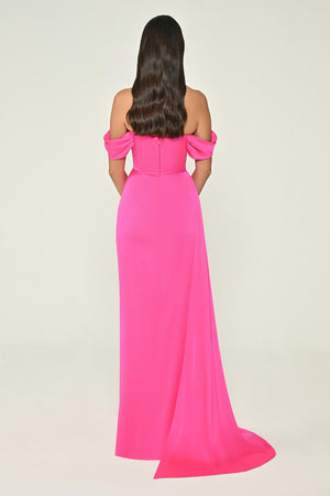 Dropped Shoulder Side Slit Satin Long Dress