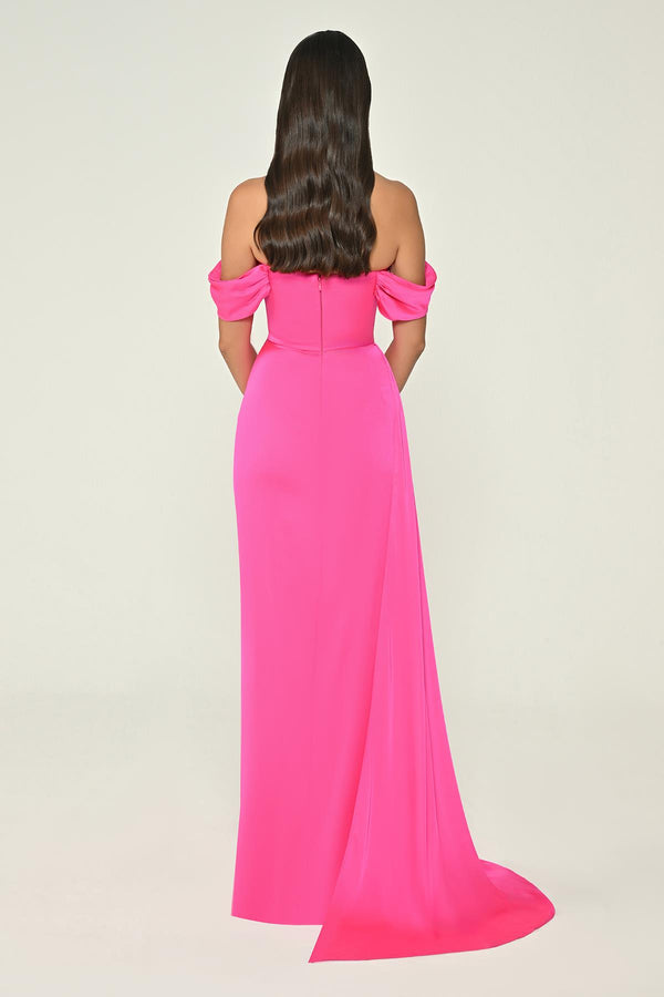 Dropped Shoulder Side Slit Satin Long Dress