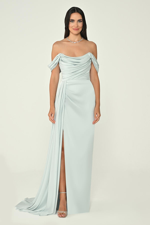 Dropped Shoulder Side Slit Satin Long Dress