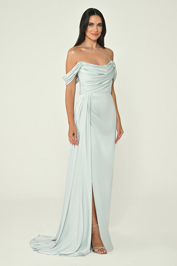 Dropped Shoulder Side Slit Satin Long Dress