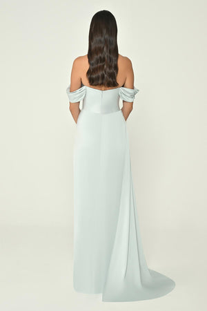 Dropped Shoulder Side Slit Satin Long Dress