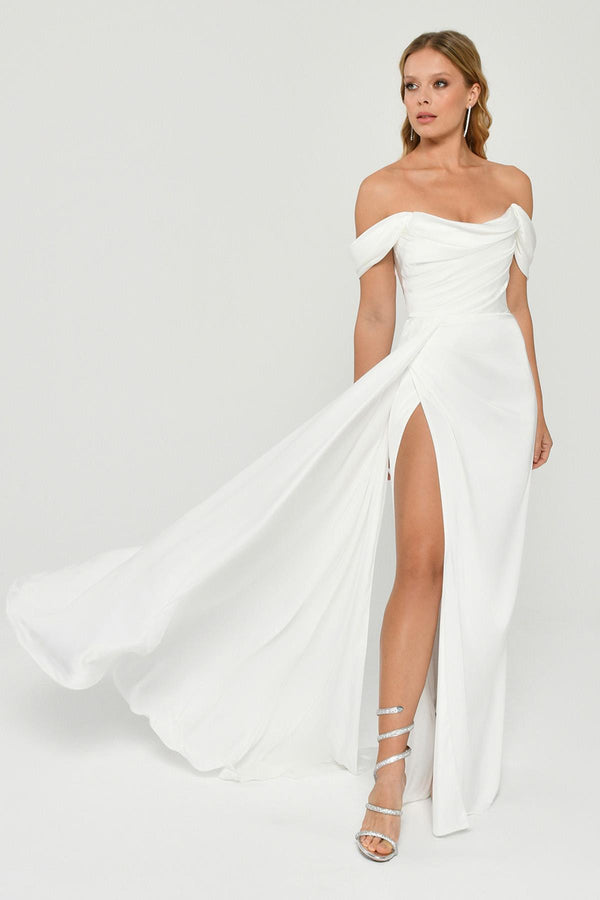 Dropped Shoulder Side Slit Satin Long Dress