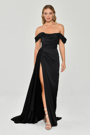 Dropped Shoulder Side Slit Satin Long Dress
