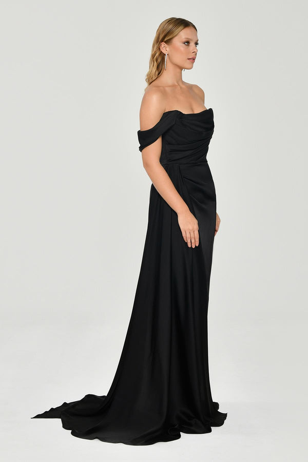 Dropped Shoulder Side Slit Satin Long Dress