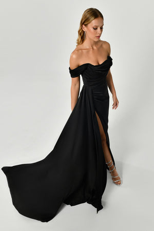 Dropped Shoulder Side Slit Satin Long Dress