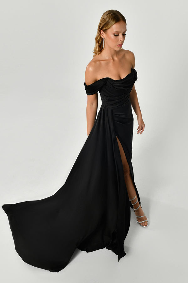 Dropped Shoulder Side Slit Satin Long Dress