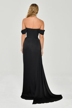 Dropped Shoulder Side Slit Satin Long Dress