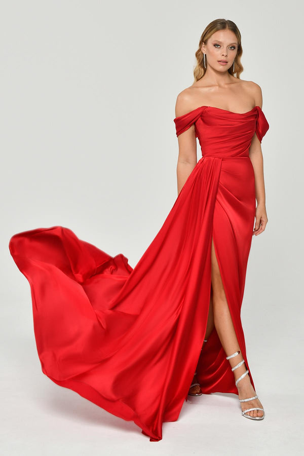Dropped Shoulder Side Slit Satin Long Dress