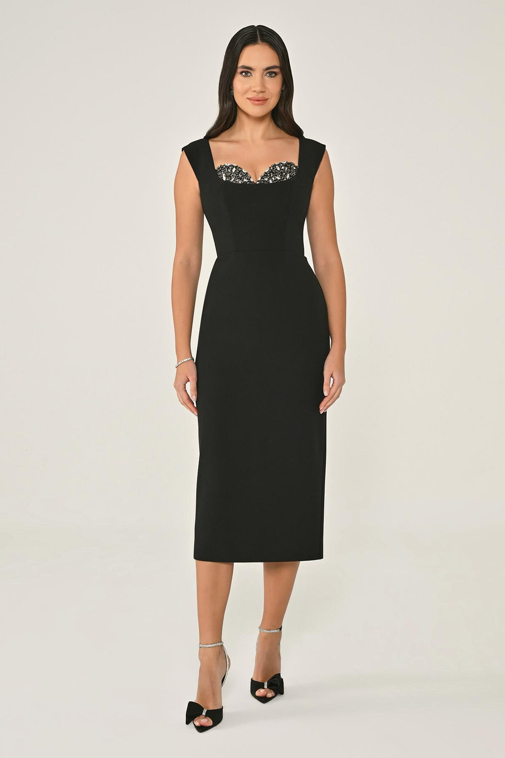 Crepe Midi Dress with Chest Accessory